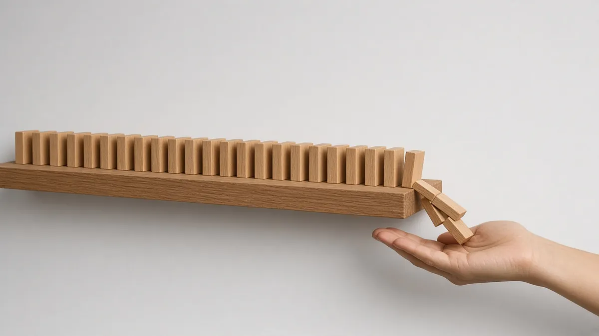 Long row of blank wooden tiles on a narrow shelf, the last few tiles pushed off the edge