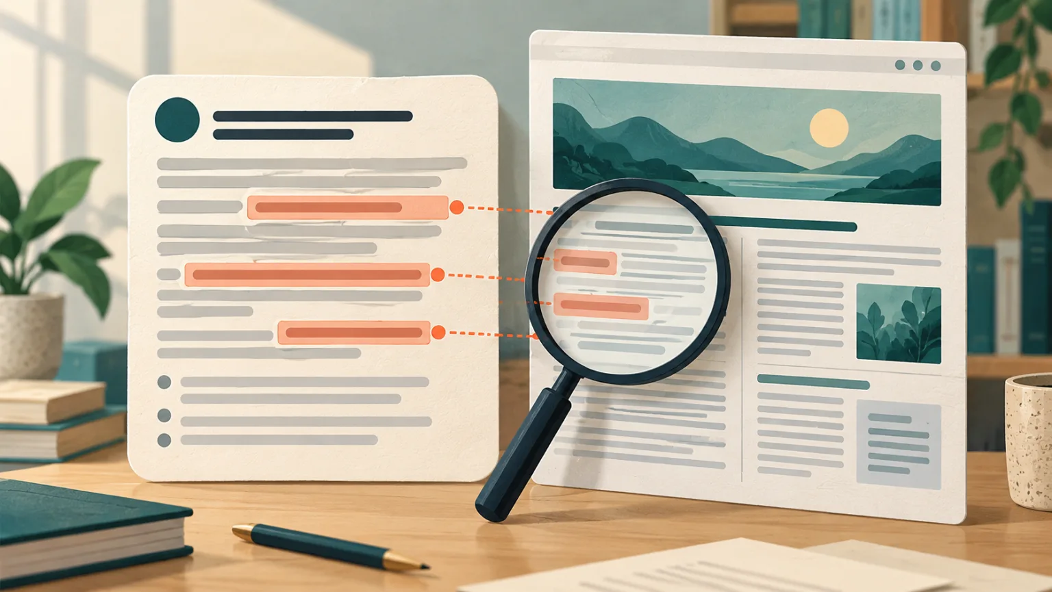 Abstract illustration of an AI-generated answer being checked against source documents