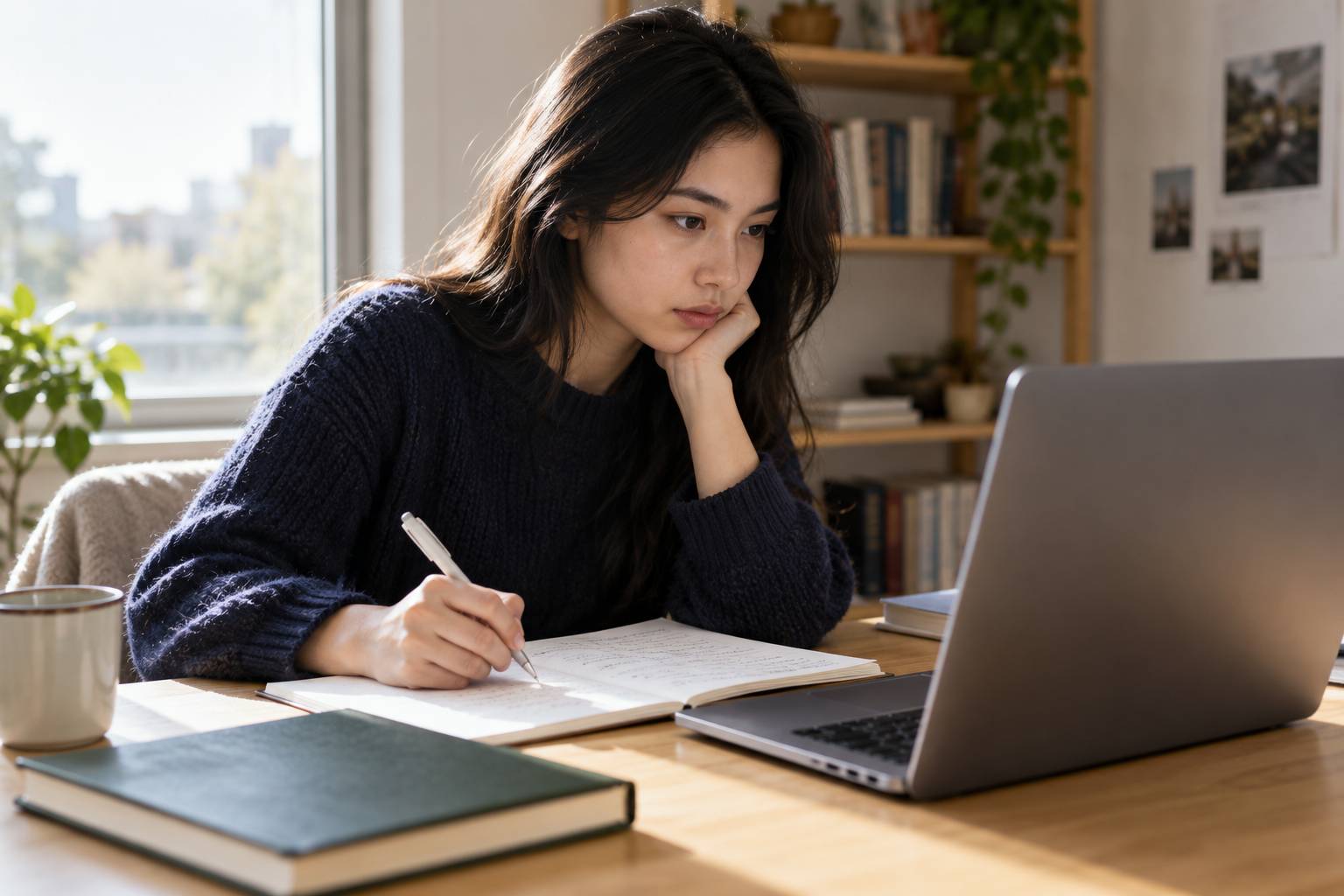 Student studying transformer machine learning at a laptop beside handwritten notes in a quiet workspace.