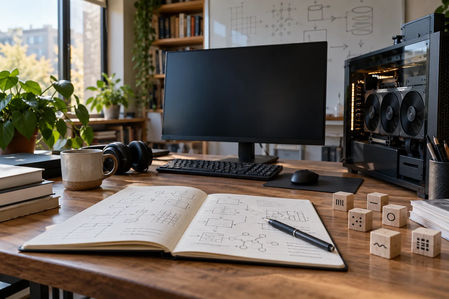 Machine-learning workstation with a GPU computer, notebook and hand-drawn model diagrams