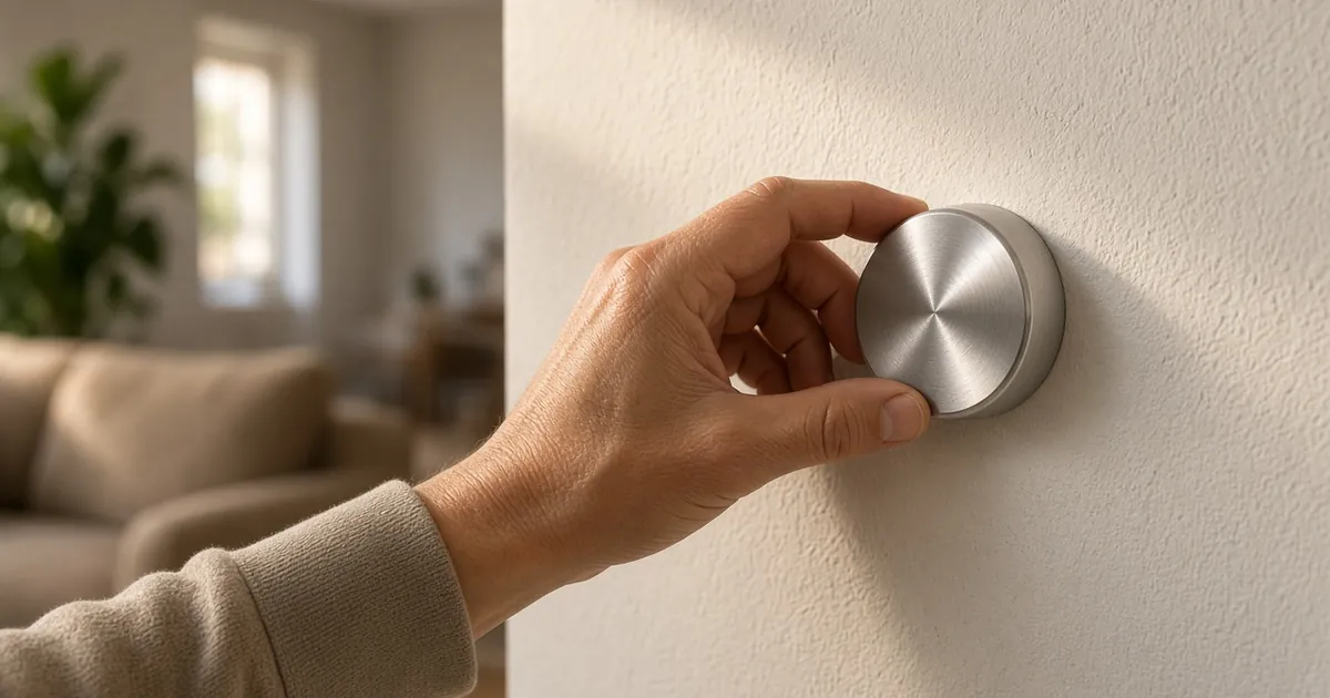Hand turning a round analog dial on a wall at home, warm light
