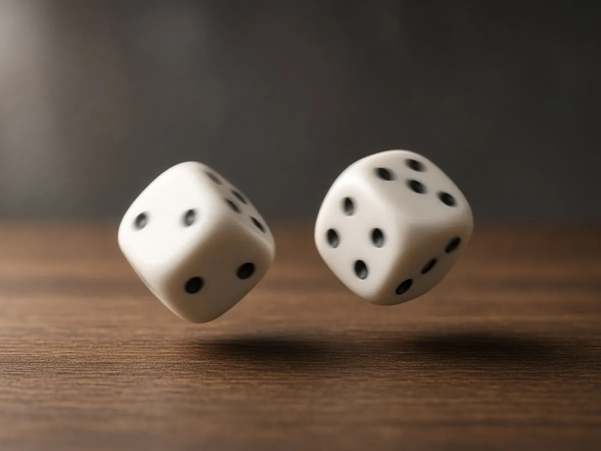 Pair of dice mid-roll above a wooden table, soft daylight