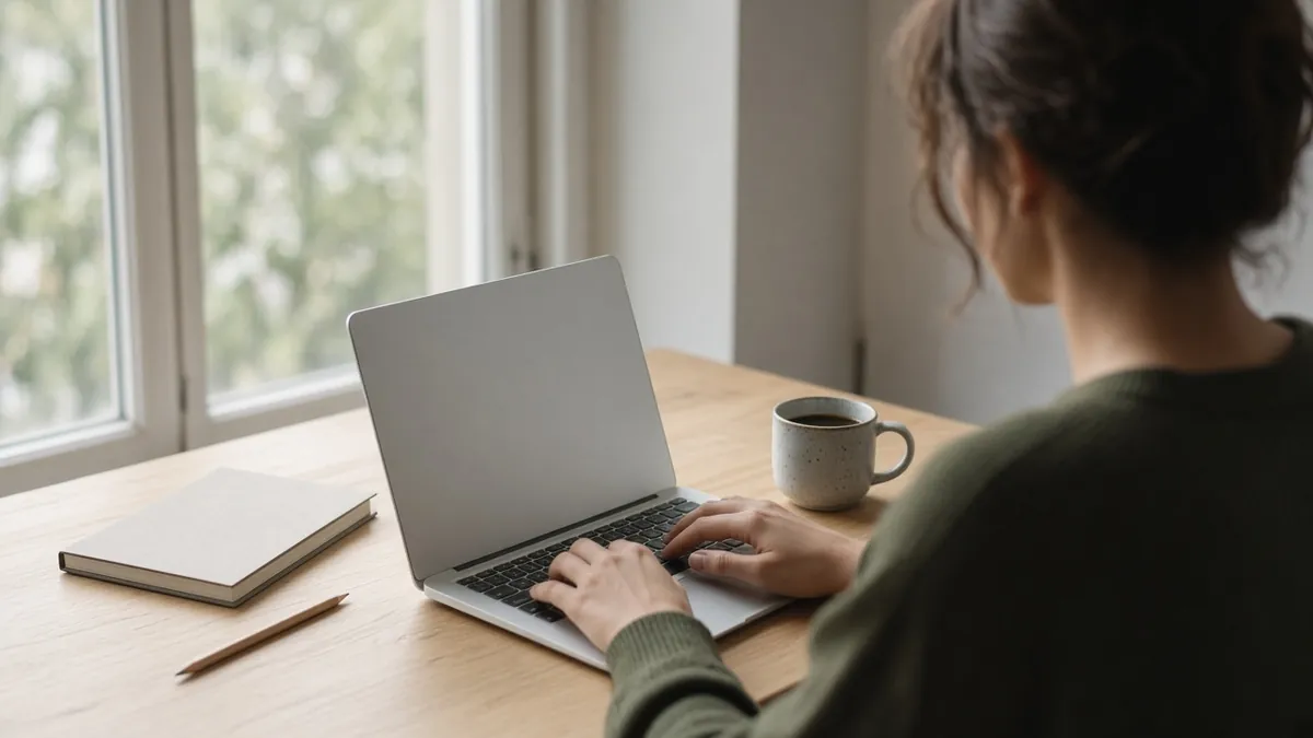 Person at a desk typing on a laptop with the screen turned away, notebook and coffee nearby