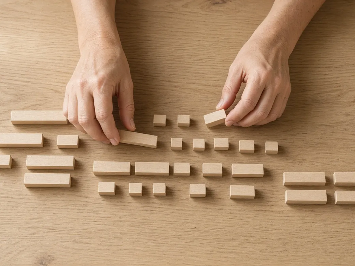 Hands sorting blank wooden tiles of different widths into small groups on a table