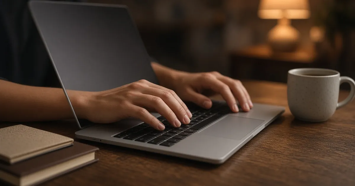 Hands resting on a laptop keyboard with the screen turned away, soft desk light