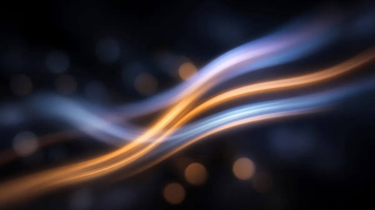 Abstract long-exposure light trails flowing through a dark space in parallel streams