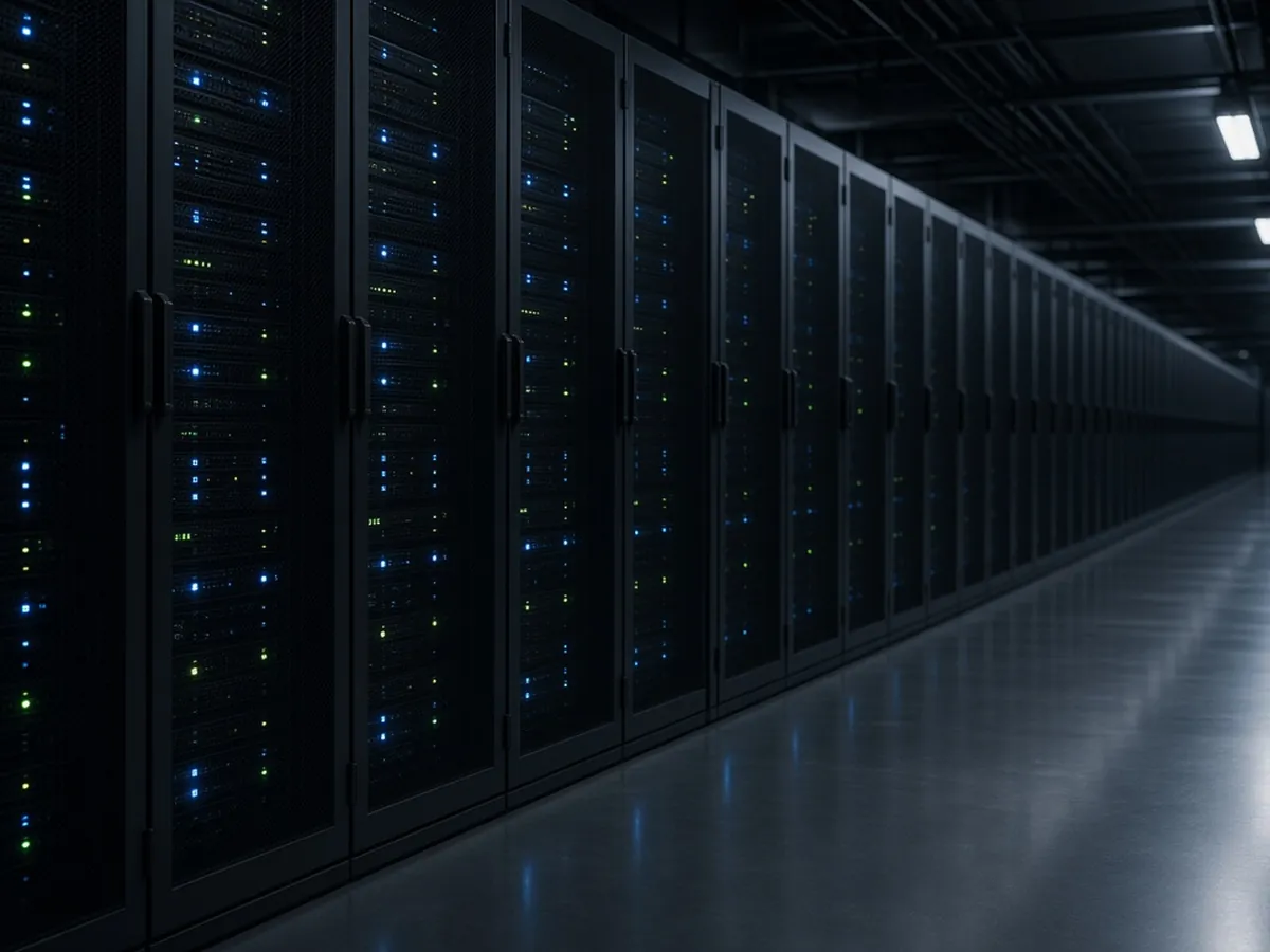 Rows of server racks with small status lights in a dim data center aisle