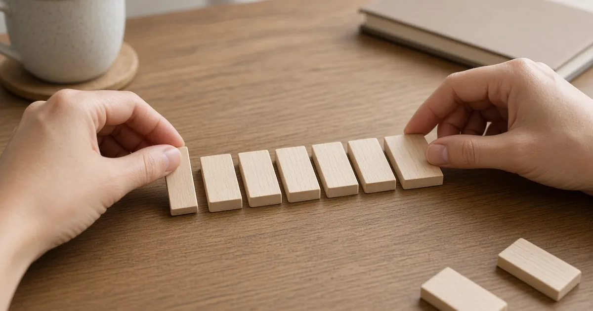 Hands arranging small blank wooden tiles into a row on a desk